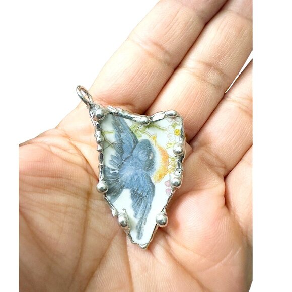 Blue Bird China Homer Laughlin Artisan Pendant Adorned w/ Blue Crystal Necklace - Picture 3 of 17